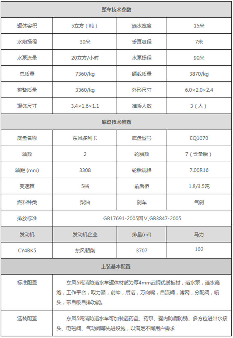 東風5噸消防灑水車參數(shù)