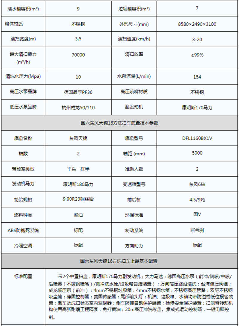 國(guó)六天錦洗掃車參數(shù)